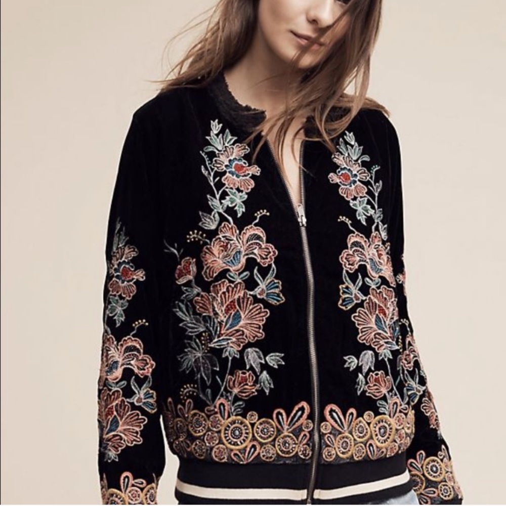 Anthropologie Elevenses Black Velvet Bomber Jacket